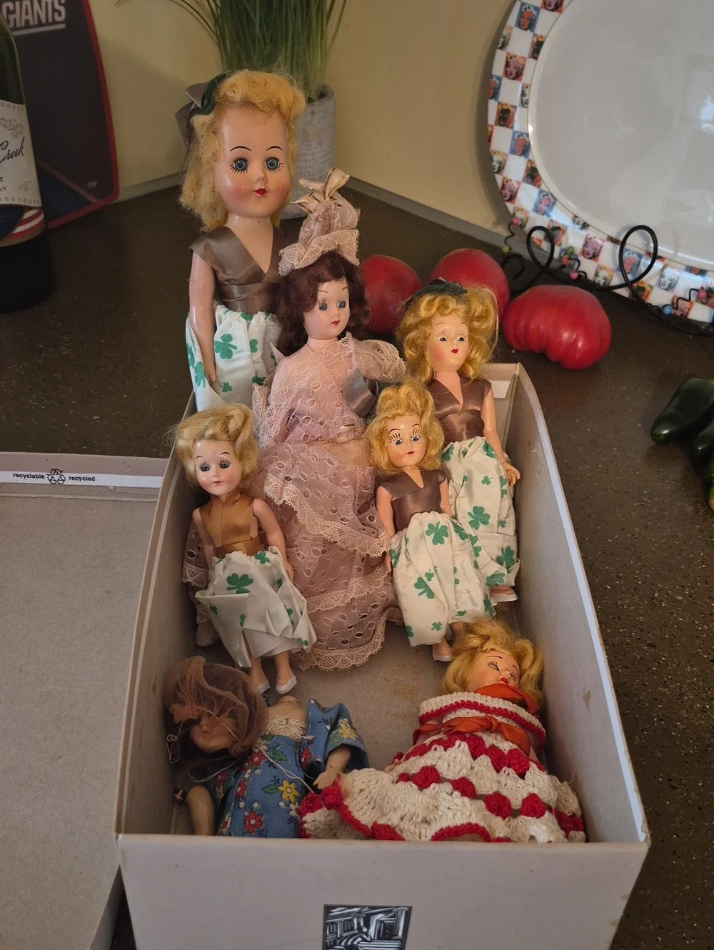 Set of Vintage Blonde and Brunette Play Dolls in Cream & Pink Dresses